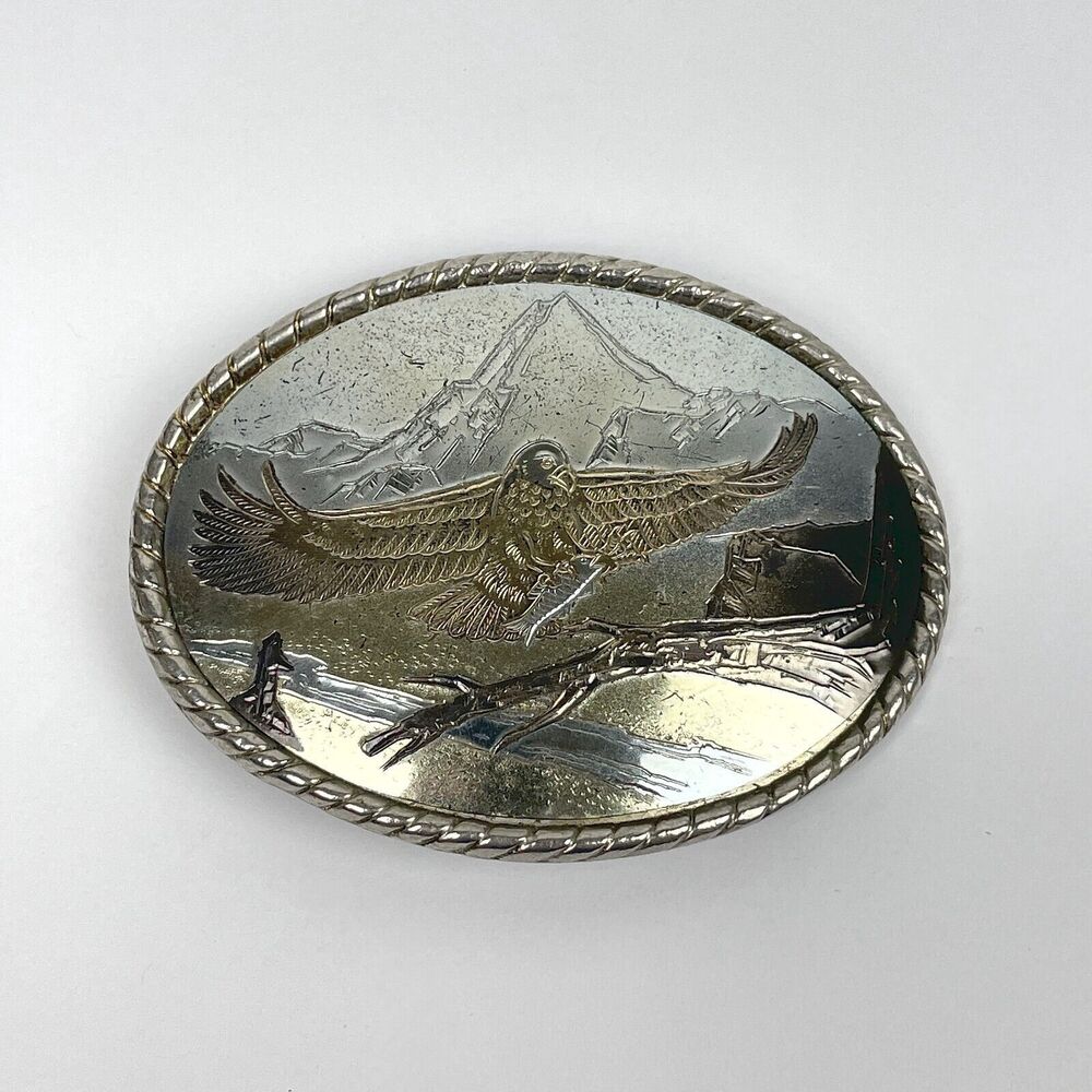 VTG Etched Flying American Eagle Mountain Landscape Metal Belt Buckle USA